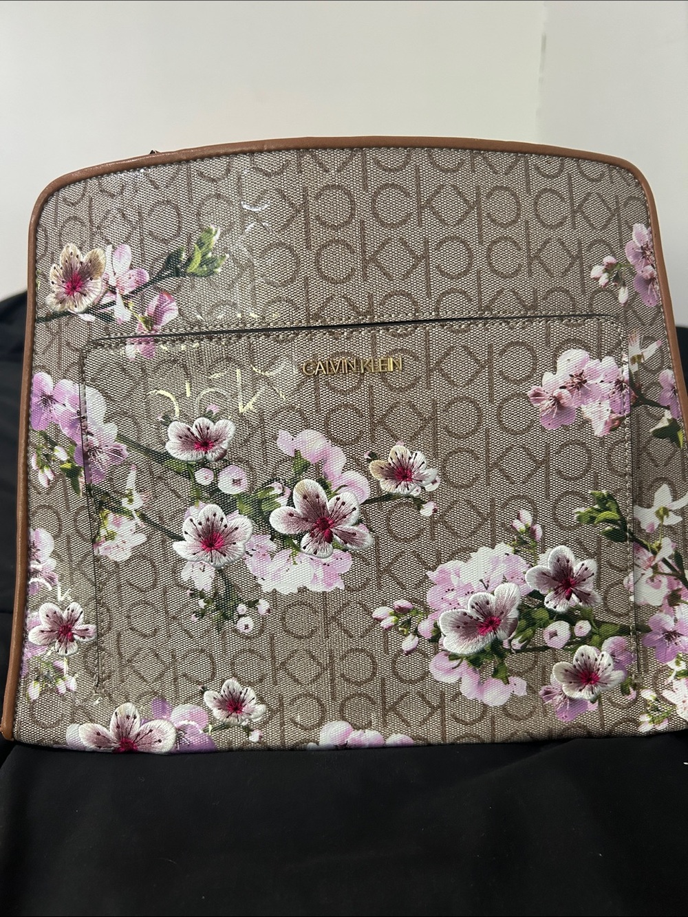 Calvin Klein Beige Monogram Tote with Pink Floral Accents